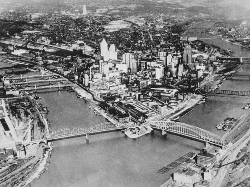 Pittsburgh's Golden Triangle in 1945 before Gateway Center Complex